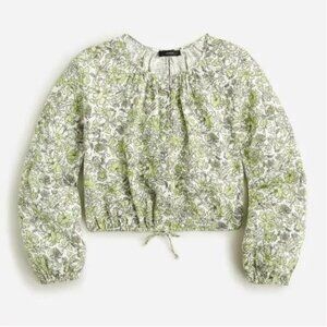 J. Crew Size S Green & White Tossed Floral Crop 100% Linen Top 3/4 Long Sleeve